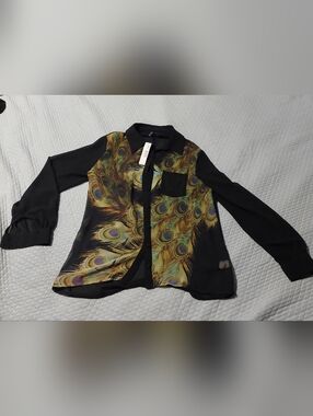 New Directions  Black Blouse with Peacock Feather Print